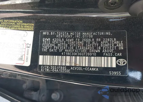 2006 Toyota Camry Le z USA, uszkodzony, nr VIN 4T1BE30K36U739910